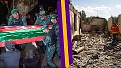 A g. : cercueil d'un soldat azerbaïdjanais le 13/09/2022 - A dr. : ruines d'une maison arménienne touchée par un bombardement le 14/09/2022