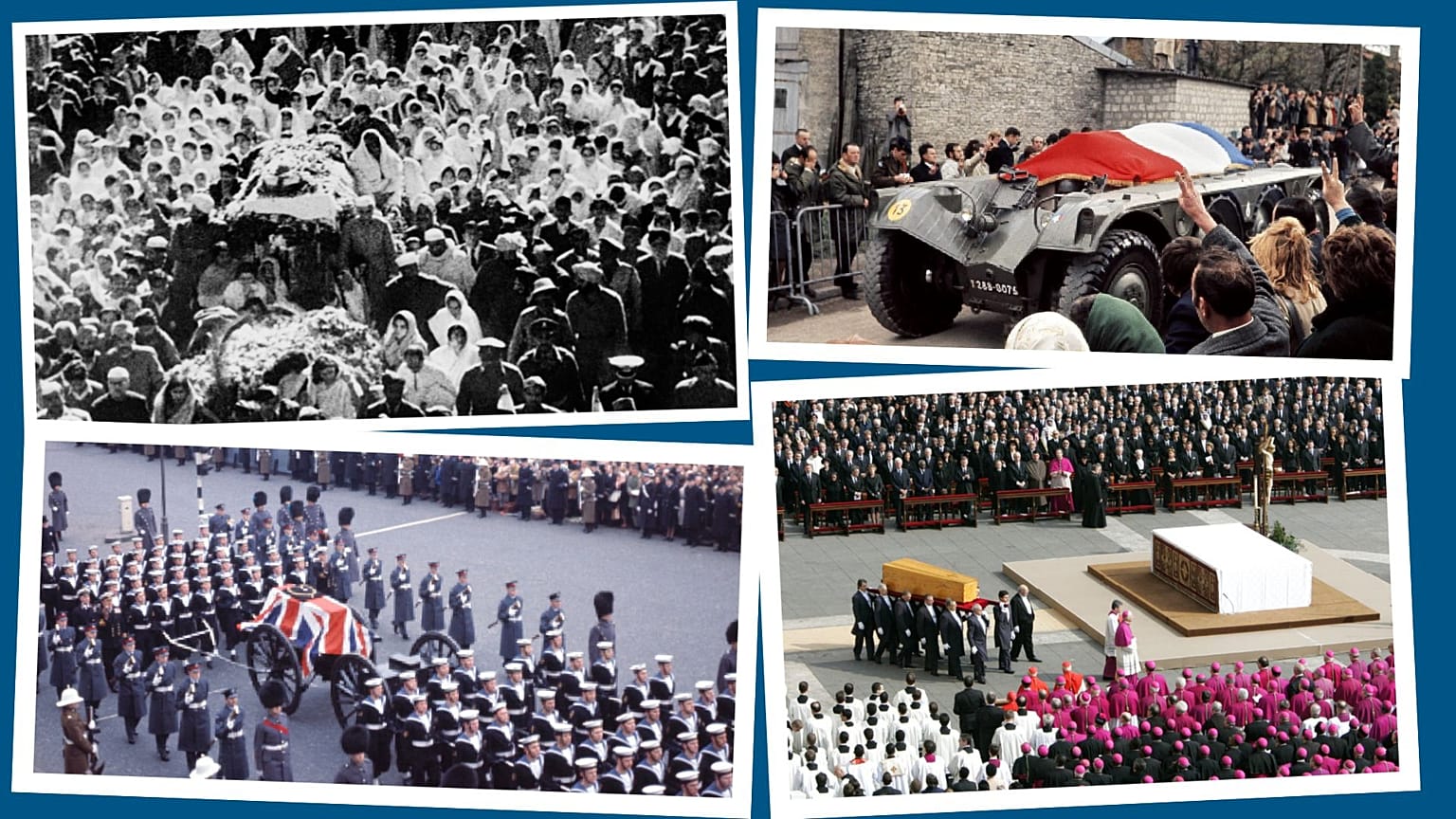 De ht en bas, de g. à dr : funérailles de Gandhi, du Général de Gaulle, de Winston Churchill et du pape Jean-Paul II - Archives