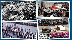 De ht en bas, de g. à dr : funérailles de Gandhi, du Général de Gaulle, de Winston Churchill et du pape Jean-Paul II - Archives
