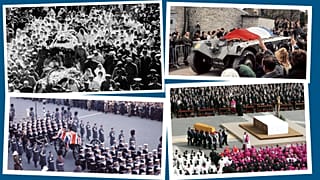De ht en bas, de g. à dr : funérailles de Gandhi, du Général de Gaulle, de Winston Churchill et du pape Jean-Paul II - Archives