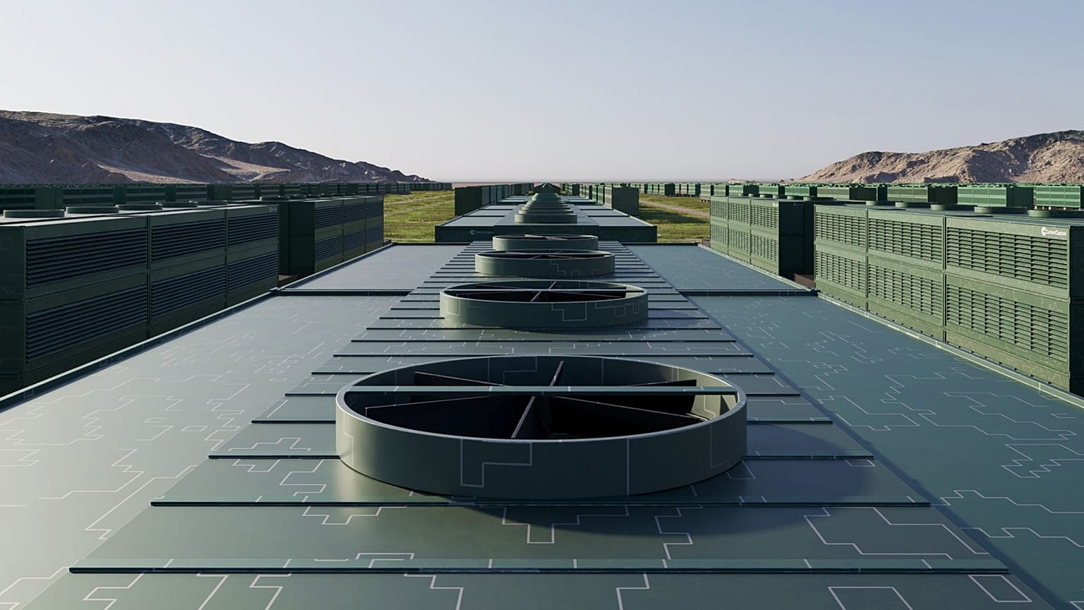 A rendering of a direct air capture array at CarbonCapture's Project Bison facility