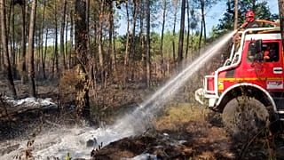 Bomberos regando brasas en un bosque cerca de Saumos, suroeste de Francia, el jueves 15 de septiembre de 2022