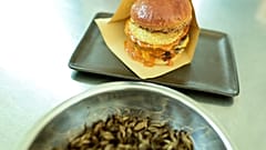 A plate of "Cricket-burger" and crickets at a restaurant in Bangkok 