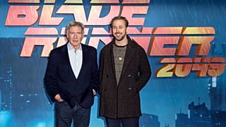 Harrison Ford, left, and Ryan Gosling pose for photographers during the photo call for 'Blade Runner 2049' in London, Thursday, Sept. 21, 2017