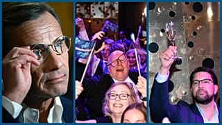 Ulf Kristersson, potenciális miniszterelnök; a Svéd Demokraták ünnepelnek; a királycsináló Jimmie Åkesson 