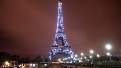 This file photograph taken on November 10, 2018, shows an illuminated Pont d'Iena leading to The Eiffel Tower in Paris.