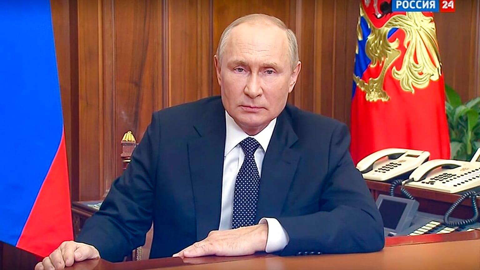 Le président russe Vladimir Poutine lors de sa déclaration diffusée le 21/09/2022 à la télévision