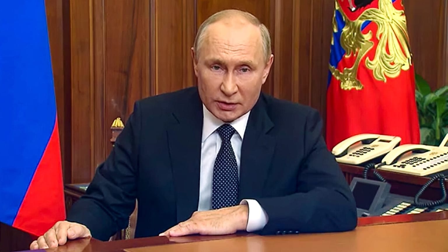 Russian President Vladimir Putin addresses the nation in Moscow, Russia, Wednesday, Sept. 21, 2022.