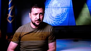 Zelenskyy addressing the UN General Assembly. 