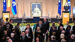 Le premier ministre australien quittant la cérémonie national pour la reine Elizabeth II au parlement à Canberra, jeudi 22 septembre 2022.