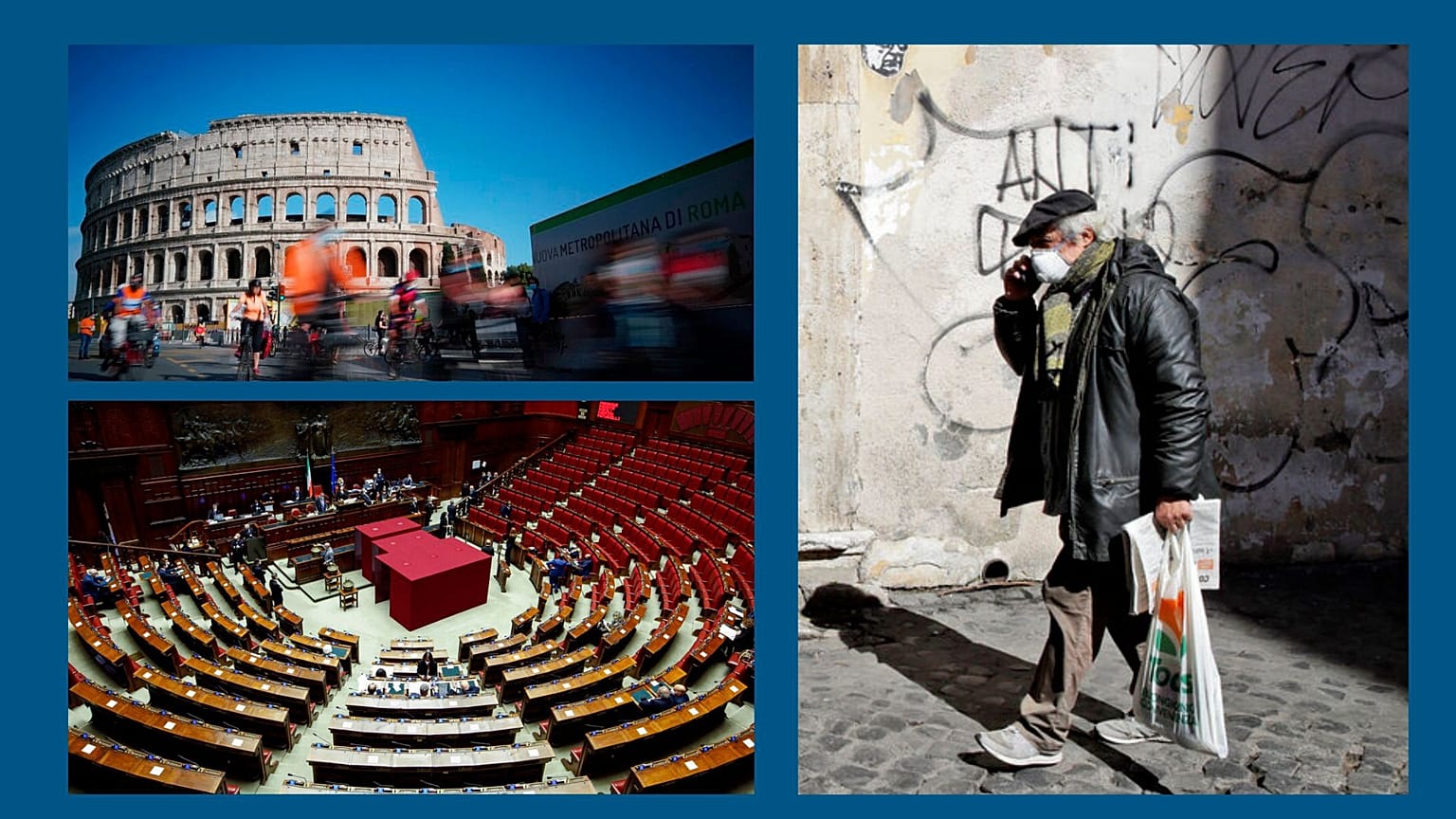 En ht à g. : vue du Colisée à Rome (05/06/2020) / en bas à d. : intérieur du parlement italien à Rome (29/01/2022) / A dr. : retraité à Rome (16/03/2020)