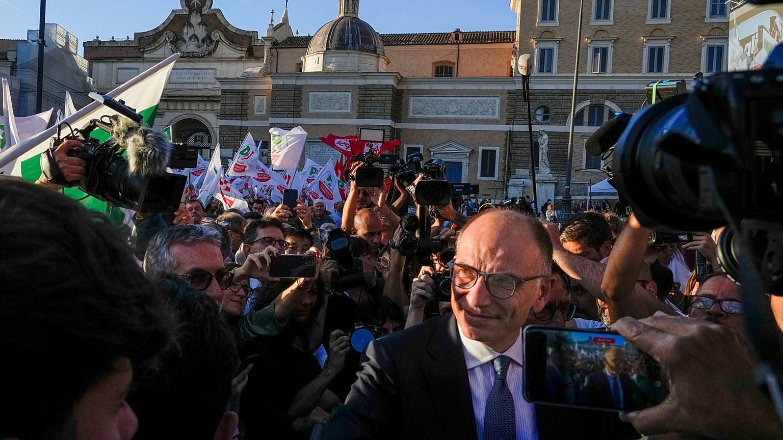 Democratic Party leader Enrico Letta arrives at the party's final rally ahead of Sunday's election in Rome, 23 September 2022.