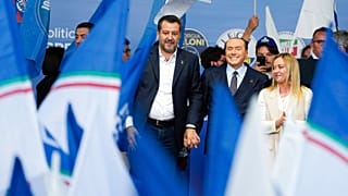 Matteo Salvini, Silvio Berlusconi, and Giorgia Meloni attend the final rally of the center-right coalition in central Rome