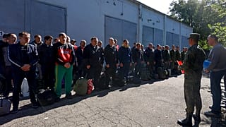 Des recrues des forces armées russes dans un centre militaire de regroupement à Krasnodar en Russie, le 25 septembre.