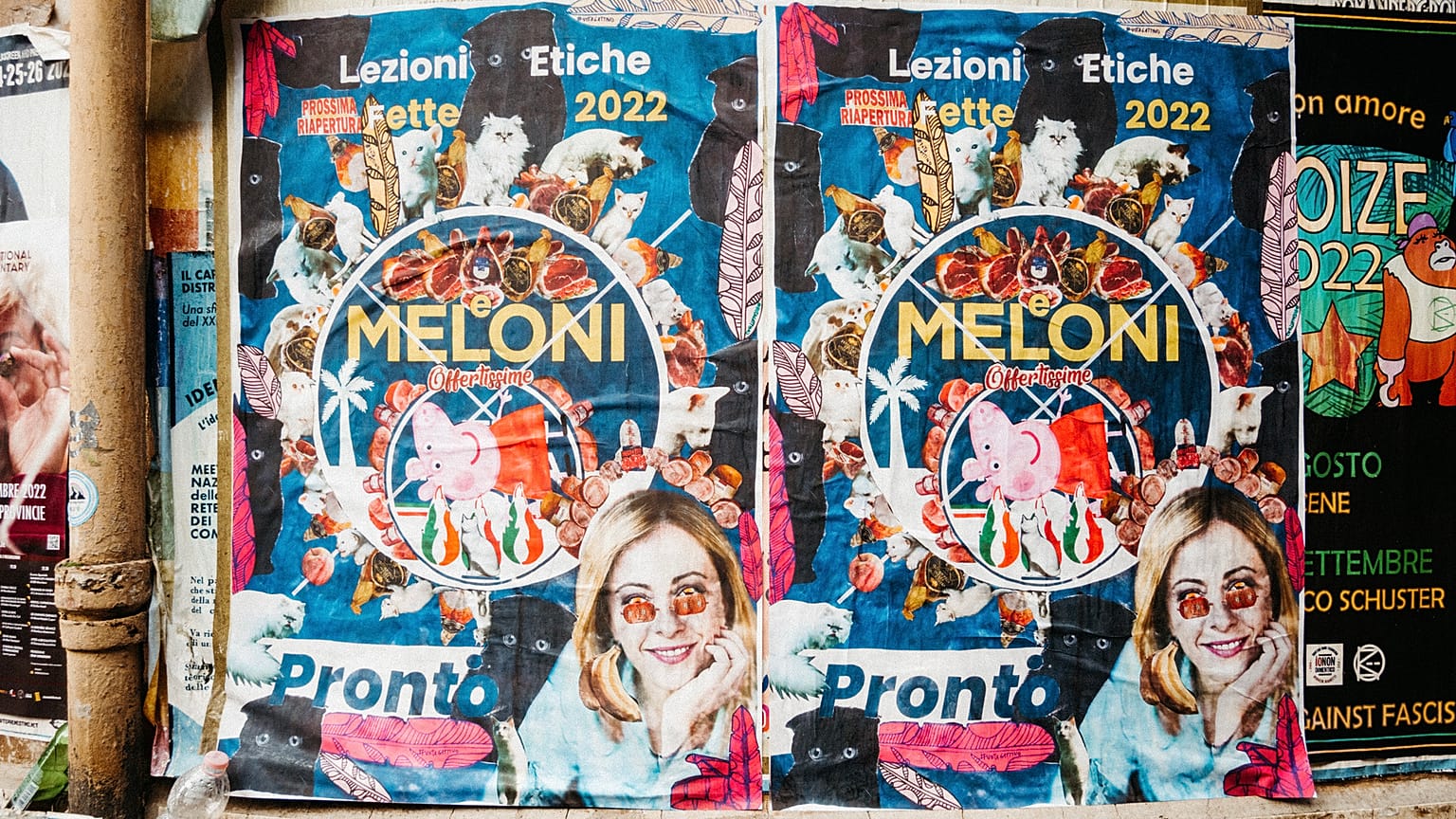 A reworked election poster featuring Fratelli d'Italia's Giorgia Meloni and cats seen in Pigneto, 26 September 2022