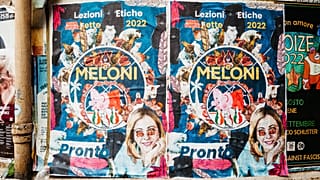 A reworked election poster featuring Fratelli d'Italia's Giorgia Meloni and cats seen in Pigneto, 26 September 2022
