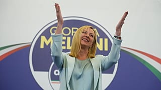 Giorgia Meloni cheered by supporters at her party's electoral headquarters in Rome, Monday 26 Sept 2022.