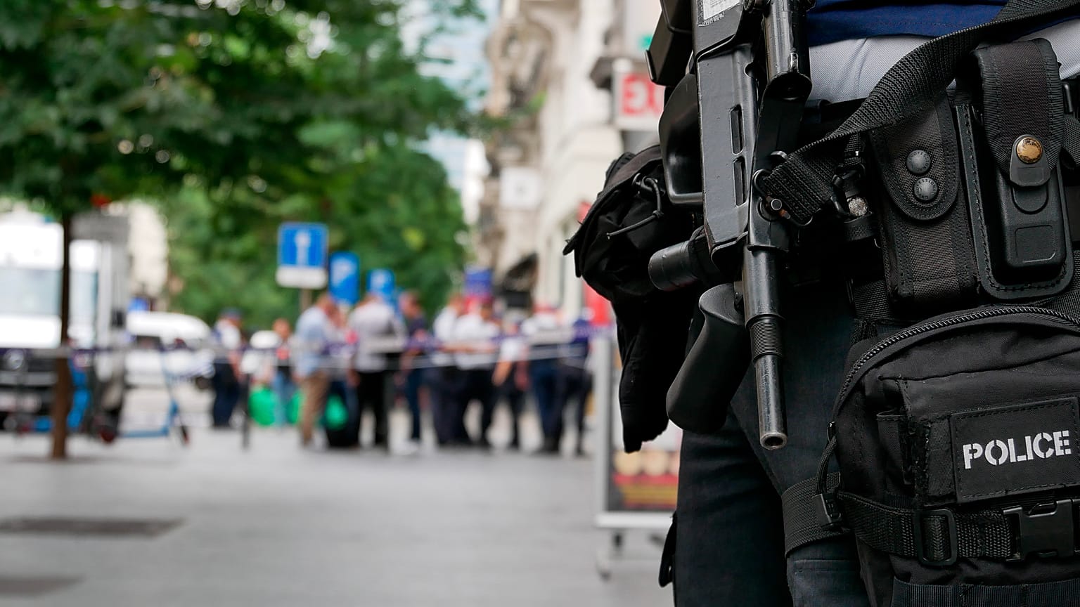 Police cordon off an area in the center of Brussels after an incident in which a van hit a terrace in Brussels in late August 2022
