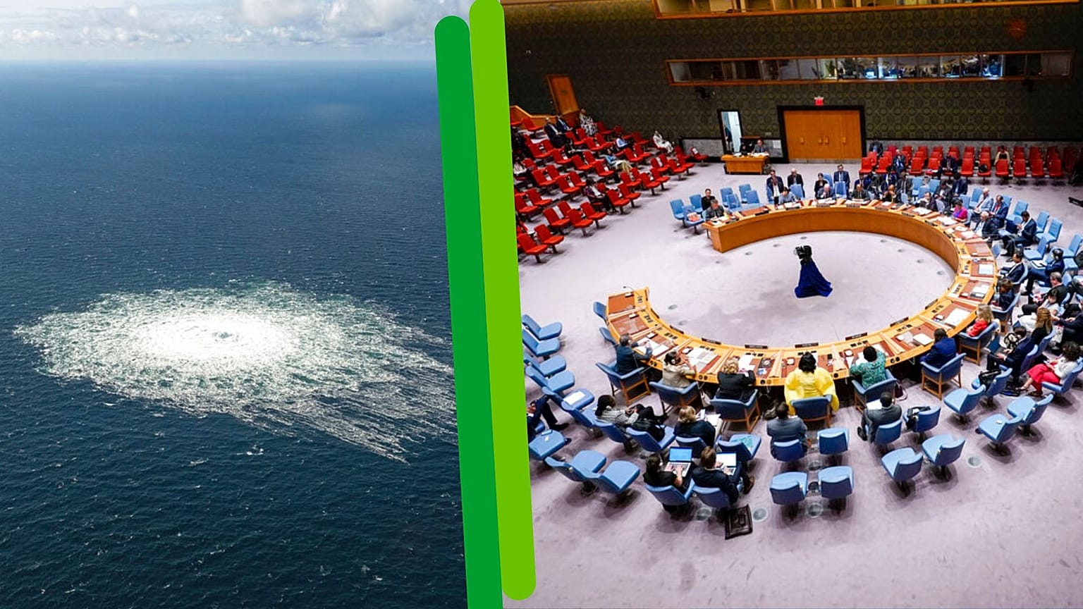 A g. bouillonements de gaz à la surface de la mer Baltique (le 27/09/2022) / A dr. Conseil de sécurité de l'ONU (archives)