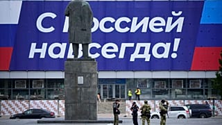 A huge poster reads 'With Russia forever!' in Luhansk, part of Ukraine's occupied territories. Wednesday, 28 September, 2022.