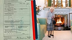 A g. certificat de décès de la reine Elizabeth II (le 29/09/2022) // a dr. : la reine Elizabeth II à Balmoral (Ecosse), le 06/09/2022