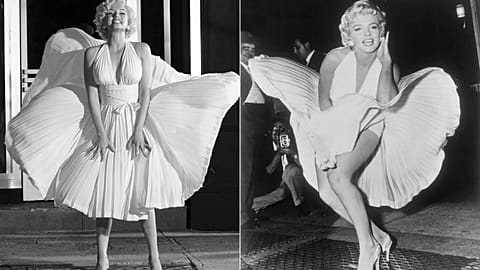 Ana de Armas as Marilyn Monroe in a scene from "Blonde," left, and Marilyn Monroe posing on a subway grate while filming "The Seven Year Itch"