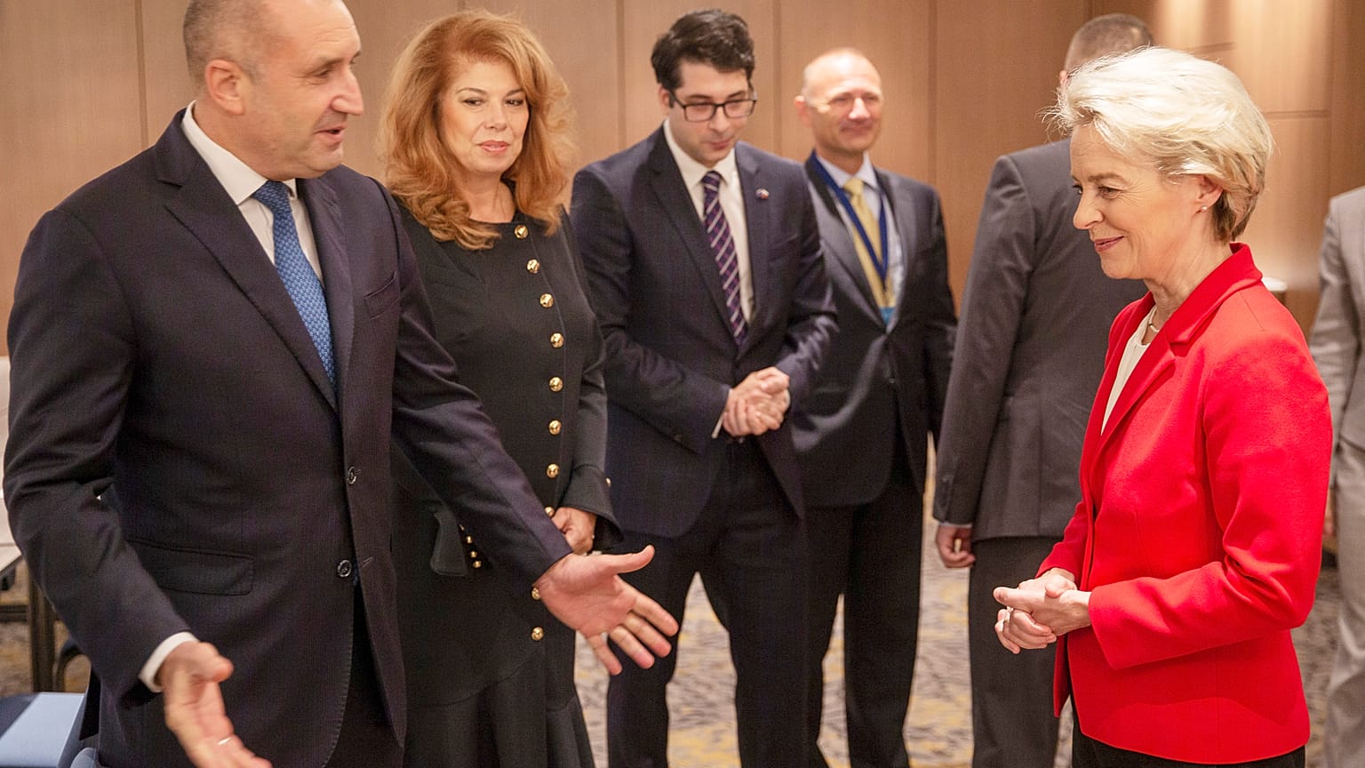 President of the European Commission Ursula von der Leyen, right, meets with Bulgarian President Rumen Radev, left, in Sofia, Bulgaria, Saturday, Oct. 1, 2022. 