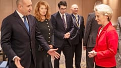 President of the European Commission Ursula von der Leyen, right, meets with Bulgarian President Rumen Radev, left, in Sofia, Bulgaria, Saturday, Oct. 1, 2022. 