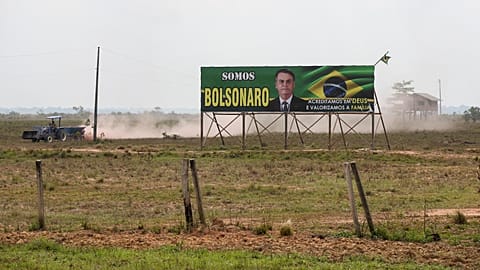 View of a billboard in support of Brazilian President and re-election candidate Jair Bolsonaro at a farm in the municipality of Humaitá.