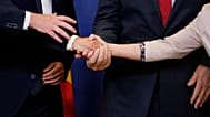 FILE: European Commission President Ursula von der Leyen shakes hands with Albanian PM Edi Rama and others before a meeting at EU headquarters in Brussels, 19 July 2022