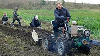 Sergei Yemelyanovich mit seinen Kindern bei der privaten Kartoffelernte in der Nähe der belarussischen Hauptstadt Minsk, November