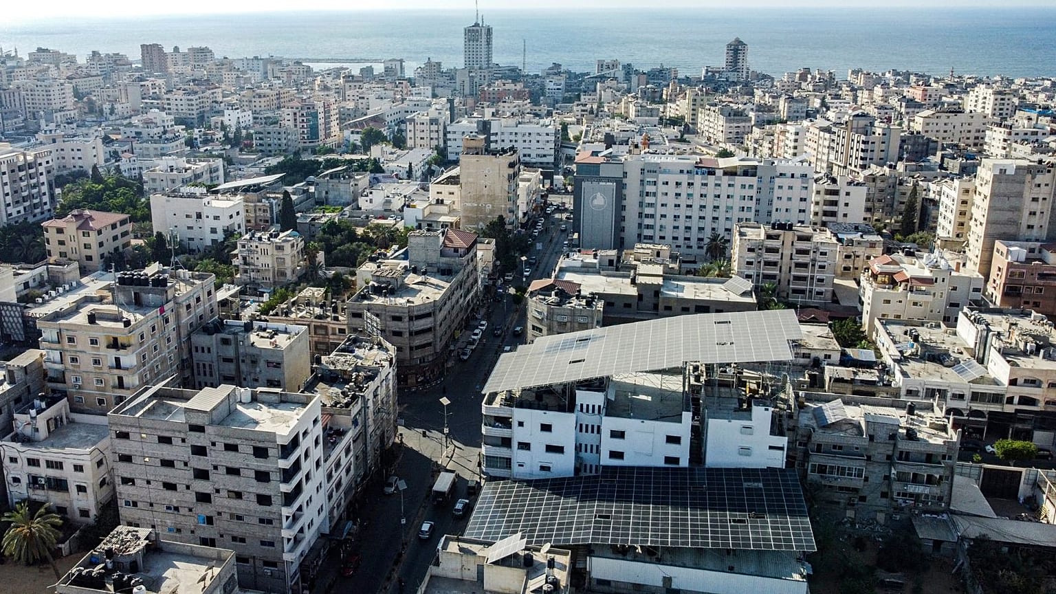 Aerial view of solar panels placed atop a bakery building used to power it, in Gaza City in the Palestinian enclave.