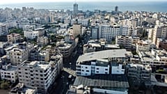 Aerial view of solar panels placed atop a bakery building used to power it, in Gaza City in the Palestinian enclave.