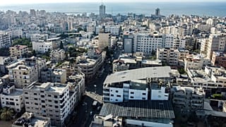 Aerial view of solar panels placed atop a bakery building used to power it, in Gaza City in the Palestinian enclave.