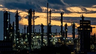 Chimneys and pipes are pictured on Germany's BASF chemical plant, which is reliant on gas as a raw material