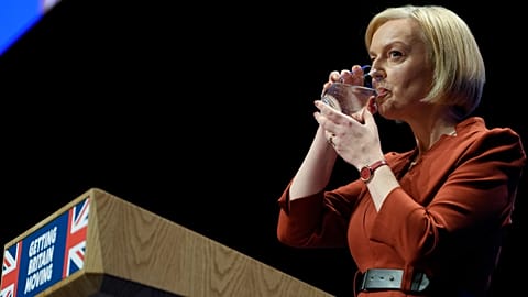 Liz Truss' speech today was interrupted by two Greenpeace protestors holding a banner reading 'Who voted for this?'