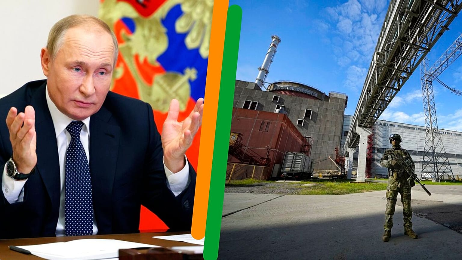 A g. : le président russe Vladimir Poutine (Moscou, le 05/10/2022) - A dr. : soldat russe à l'entrée de la centrale de Zaporijjia (le 01/05/2022)
