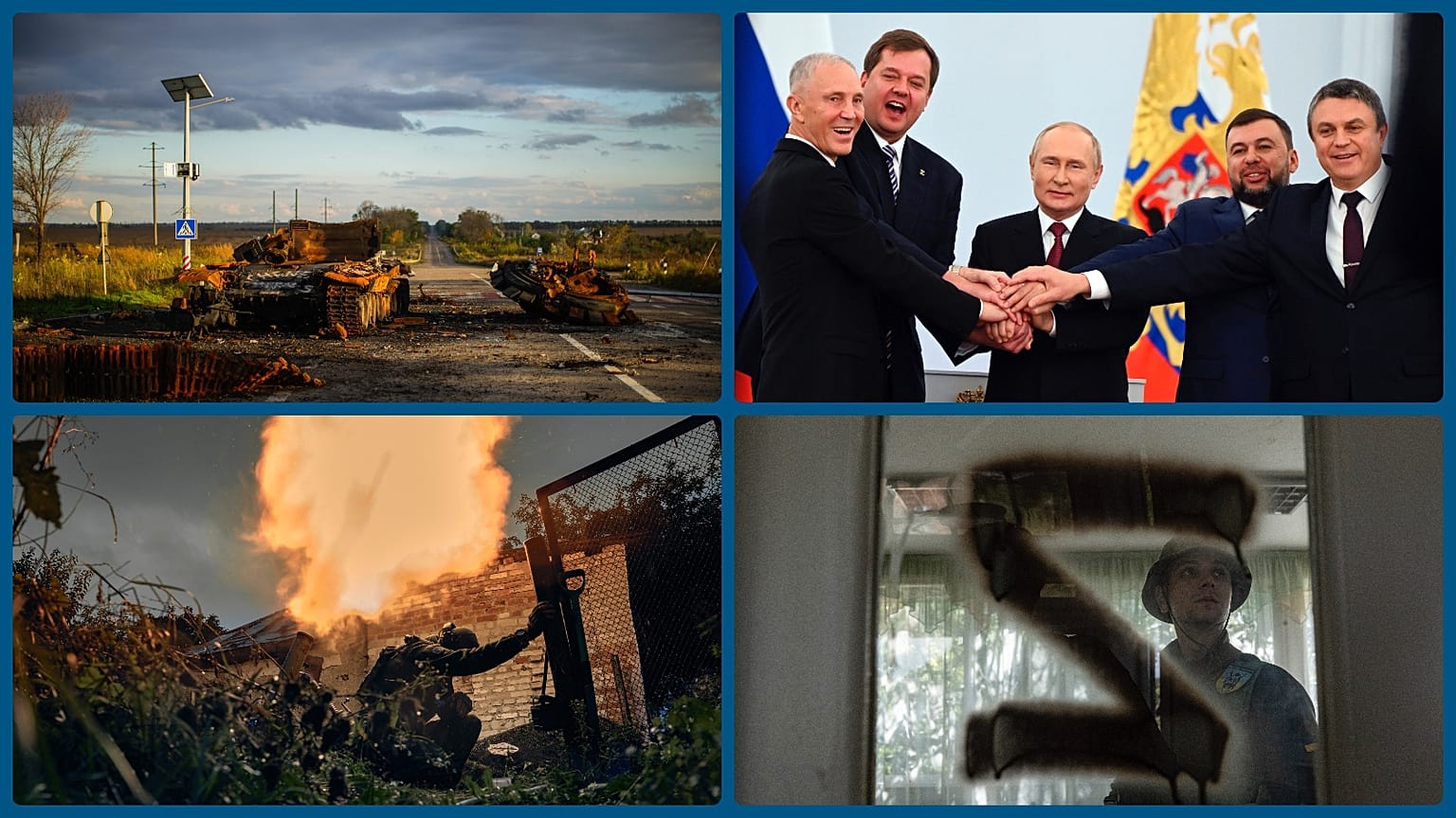 Szétlőtt orosz tank, az elcsatolt területek vezetői Putyinnal, ukrán katona, felszabadított óvoda a nagy Z-vel
