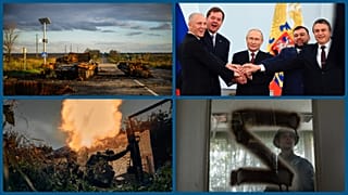 Szétlőtt orosz tank, az elcsatolt területek vezetői Putyinnal, ukrán katona, felszabadított óvoda a nagy Z-vel