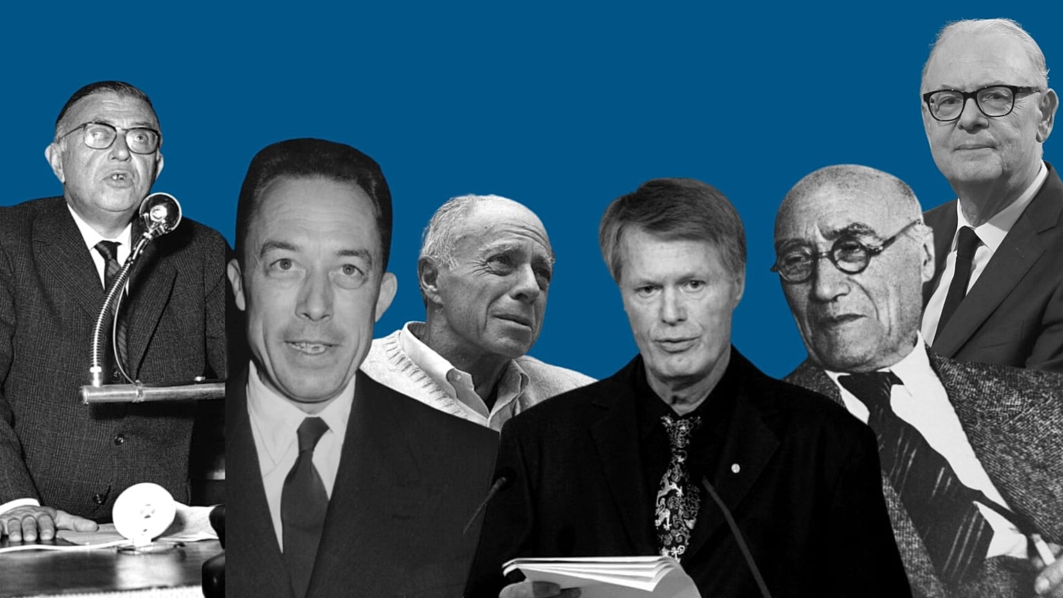De g. à dr. : Jean-Paul Sartre, Albert Camus, Claude Simon, Jean-Marie Gustave Le Clézio, André Gide et Patrick Modiano - Archives