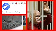 Logo Twitter du Centre ukrainien des libertés civiles (ht à g.), entrée de l'ONG russe Memorial à Moscou (bas à g.), l'activiste bélarusse Ales Bialiatski (à dr.)