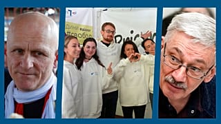 De g. à dr. : l'activiste bélarusse Ales Bialiatski / militants du Centre ukrainien des libertés civiles / Oleg Orlov, cadre de l'ONG russe Memorial