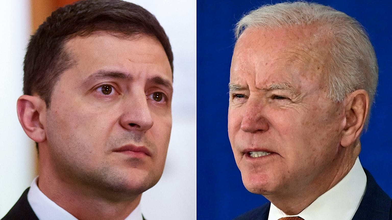 Ukranian President Volodymyr Zelensky (L) in Riga, Latvia, on October 16, 2019; and US President Joe Biden speaking on June 4, 2021, at the Rehoboth Beach, Delaware.