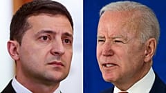 Ukranian President Volodymyr Zelensky (L) in Riga, Latvia, on October 16, 2019; and US President Joe Biden speaking on June 4, 2021, at the Rehoboth Beach, Delaware.