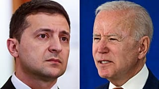 Ukranian President Volodymyr Zelensky (L) in Riga, Latvia, on October 16, 2019; and US President Joe Biden speaking on June 4, 2021, at the Rehoboth Beach, Delaware.