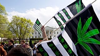 A demonstrator waves a flag with marijuana leaves depicted on it during a protest calling for the legalization of marijuana, outside of the White House