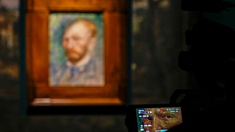 Dutch painter Vincent van Gogh's self-portrait in oil on canvas (1889) is seen on a camera's viewfinder as it's filmed  in Rome, Italy, Friday, Oct. 7, 2022. 