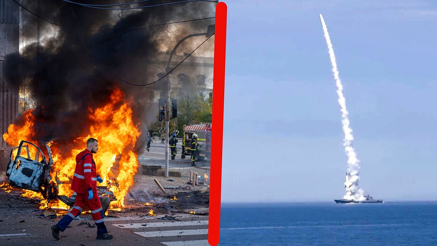 A g. : dégâts causés par un bombardement à Kyiv / A dr. : tir d'un missile depuis un navire russe - photos du 10/10/2022