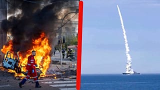 A g. : dégâts causés par un bombardement à Kyiv / A dr. : tir d'un missile depuis un navire russe - photos du 10/10/2022