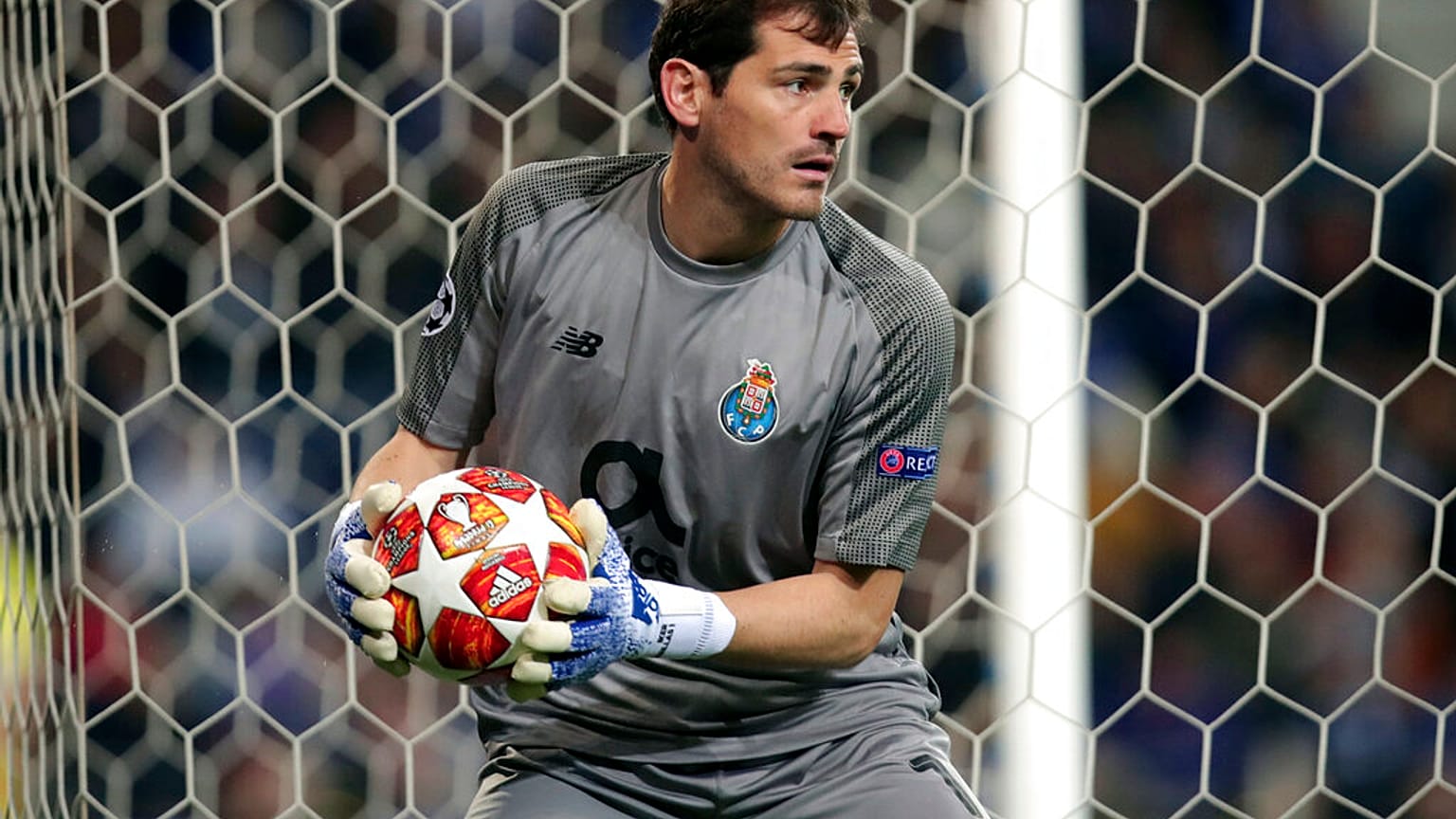  Iker Casillas holds the ball during their Champions League quarterfinals, 2nd leg, soccer match against Liverpool, 2019. 